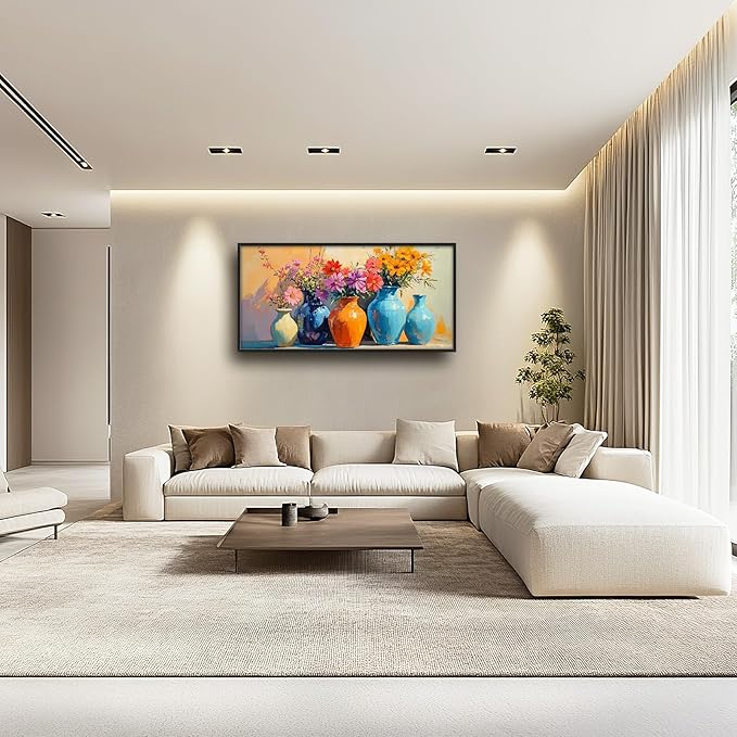 Large Colorful Floral Wall Art for Living Room, Framed Oversized Asian Flower Vase Decor Canvas Painting Sunlight Pictures Modern Artwork for Bathroom Bedroom Office Dining Room 60"x30"