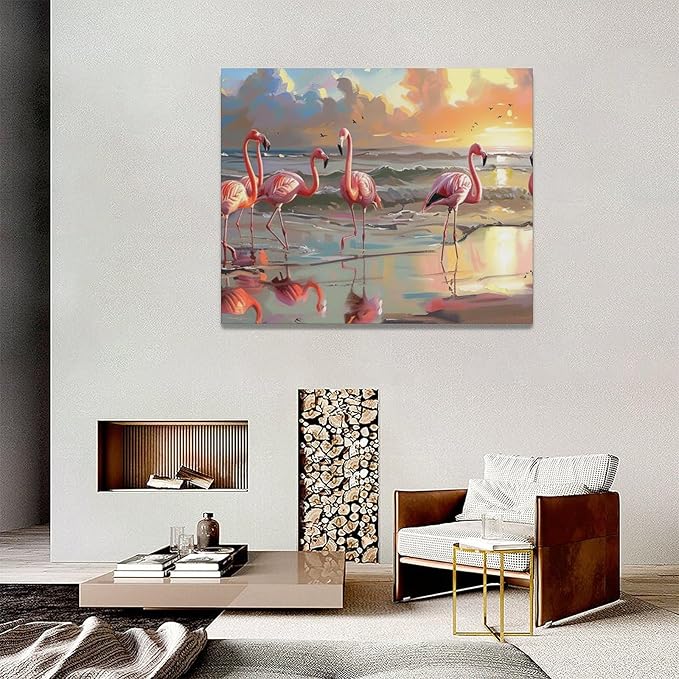 Large Flamingo Wall Art for Living Room Beach Colorful Flamingo Art Big Space Size Framed Ocean Canvas Prints Pictures Painting Artwork Office Bedroom Home Decor 60"x30"