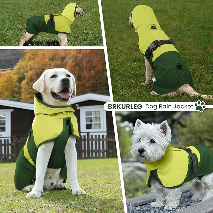 BRKURLEG Dog Raincoat for Small Medium and Large Dogs Waterproof Dog Rain Jacket Adjustable Hooded Dogs Raincoat Pet Rain Coat Poncho with Leash Hole, Reflective Strip, Green, M