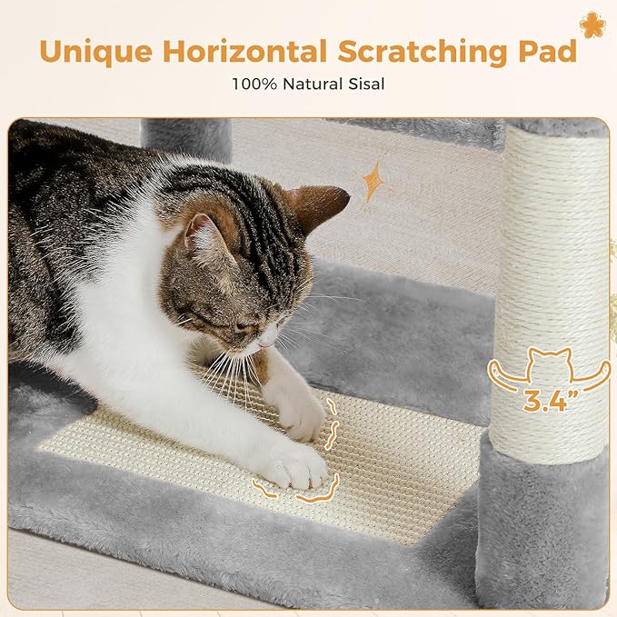 PAWZ Road Large 72 Inch Cat Tree and Tower for Indoor Cats - With Sisal-Covered Scratching Posts, Padded Perches, Condos, and Basket - Gray