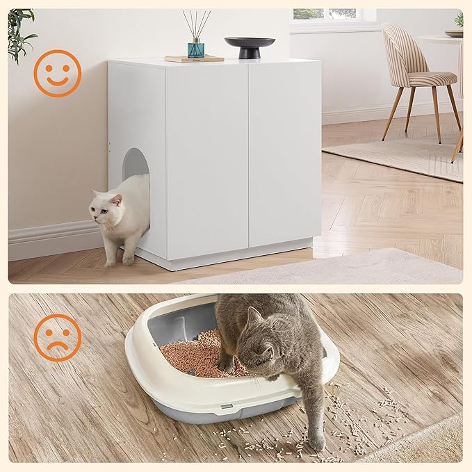 unipaws Tall Cat Litter Box Enclosure with Shelves, Hidden Litter Box Cover for Tall or Top Entry Litter Box, Kitty Enclosed Litter Box Cabinet, Cat Box Furniture, White