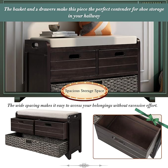 Storage Bench with Removable Basket 2 Drawers Fully Assembled Acacia Wood Shoe Bench Standing Shoe Rack Removable Cushion for Living Room, Entrance Hallway, No Assembly Required Espresso