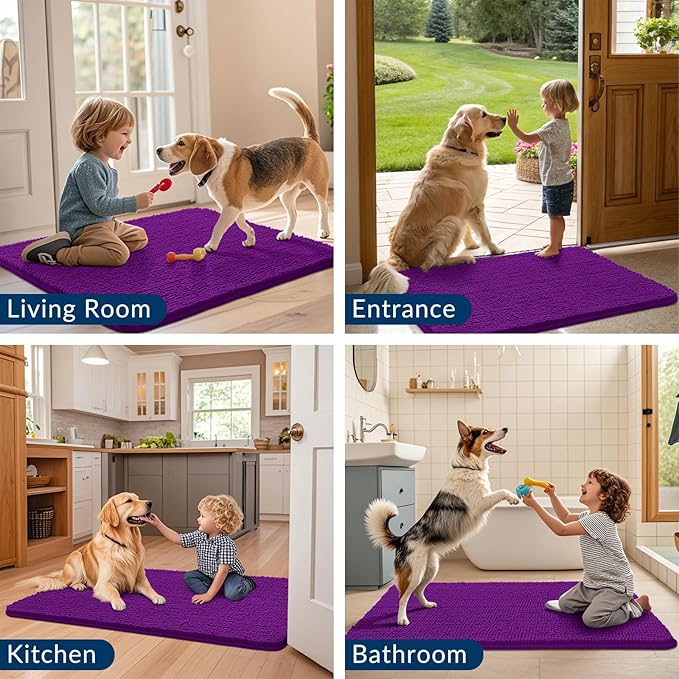 Smiry Dog Door Mat for Muddy Paws 30x20, Absorbs Moisture and Dirt Doormat, Non-Slip Washable Quick Dry Chenille Front Door Mat Indoor Entrance, Entryway Carpet for Inside Floor, Purple