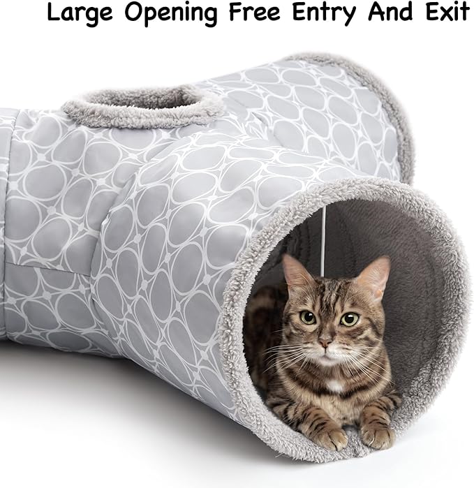 Tempcore Pet Cat Tunnel Tube Cat Toys 3 Way Collapsible, Cat Tunnels for Indoor Cats Fleece-Lined in for Warmth,Kitty Tunnel Bored Pet Toys Peek Hole Toy Ball Cat, Puppy, Kitten, Geometry Grey