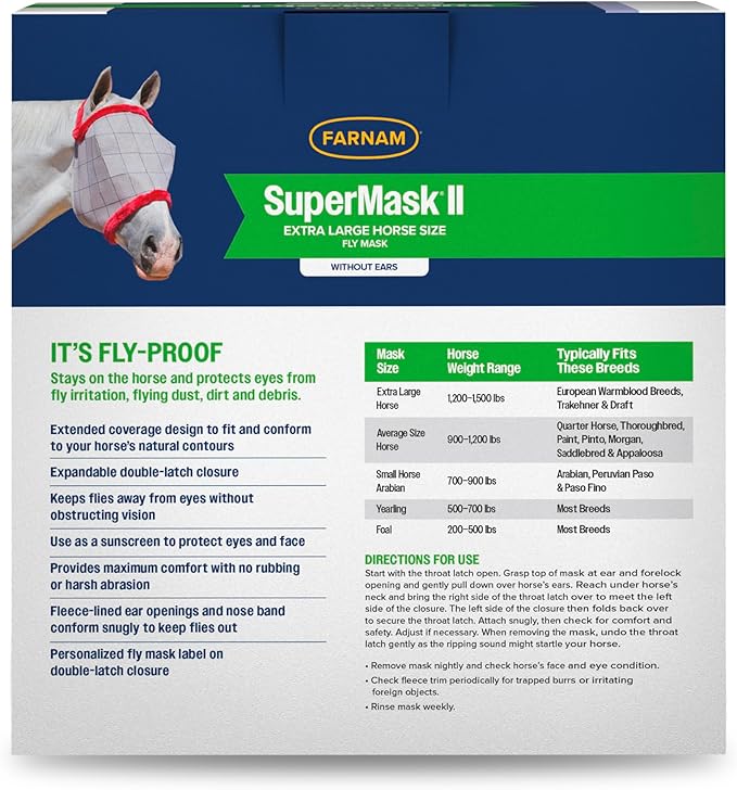 Farnam SuperMask II Fly Mask Without Ears for Larger Horses, Full Face Coverage and Eye Protection from Insect Pests, Structured Classic Styling Mesh with Plush Trim, XL Size