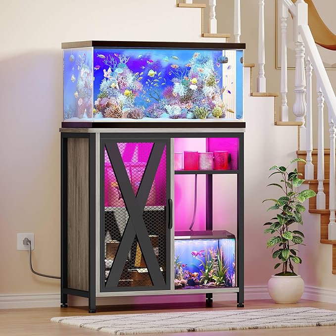 YITAHOME Fish Tank Stand with Power Outlets & LED Light, 20-29 Gallon Metal Aquarium Stand with Cabinet for Fish Tank Accessories Storage for Turtle Tank, Reptile Terrarium, 350LBS Capacity, Grey