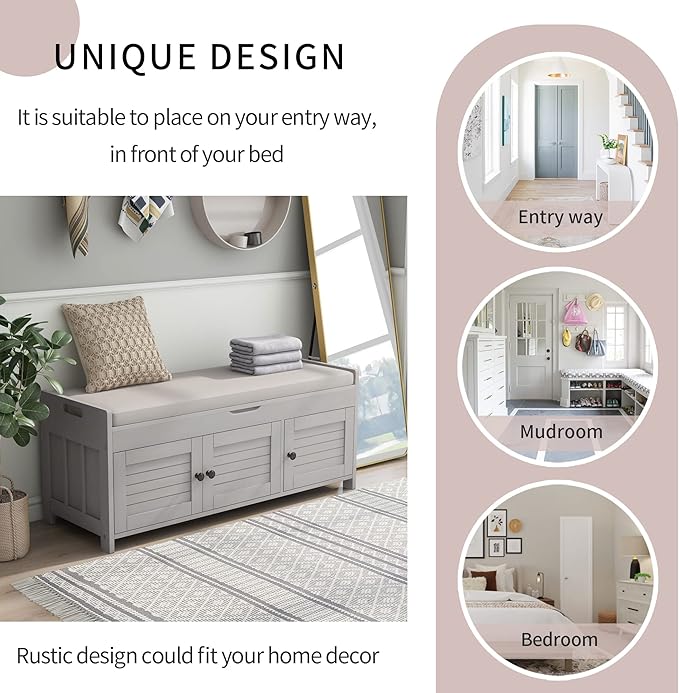 Storage Bench with 3 Shutter-Shaped Doors, Wood Shoe Bench with Removable Cushion and Hidden Storage Space for Entryway, Living Room, Hallway 43.5" L*16" W*18" H (Gray Wash Pine)