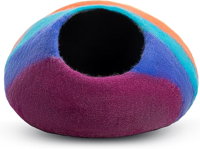 Woolygon Premium Felt Cat Cave Bed โ Wool Kitty Beds Handcrafted Kitten Caves Bed for Indoor Cats - Made from 100% Eco-Friendly Merino Wool, Foldable Cat Hidewawy Covered Cat House Pod (Rainbow Twist)