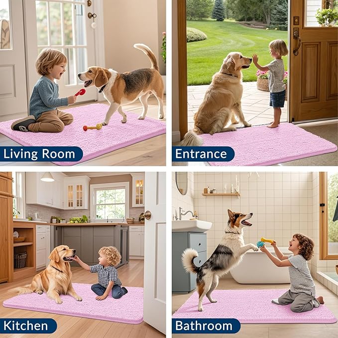 Smiry Dog Door Mat for Muddy Paws 24x16, Absorbs Moisture and Dirt Doormat, Non-Slip Washable Quick Dry Chenille Front Door Mat Indoor Entrance, Entryway Carpet for Inside Floor, Pink