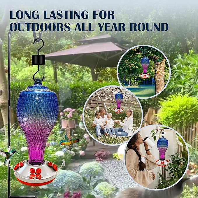 Hummingbird Feeder for Outdoors,17 OZ Glass Humming Bird Feeder for Garden,Backyard Decor,Four Flowers Feeding Ports,Leak Proof,Ant Moat Included,Humming Gifts for Women