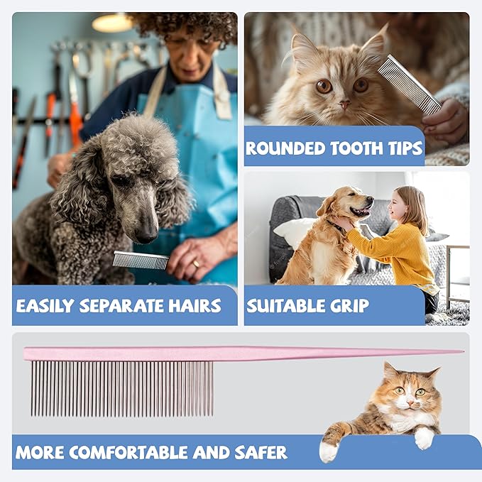 Grooming Pet Comb Rat Tail Dematting Cat and Dog Comb,Rounded Ends Design for Safe Tangle Removal, Hairstyling, Massage,Loose Hair Removal,Prevent Irritation,Fluffing Paws,Face,Tail,Remove Tear Stain