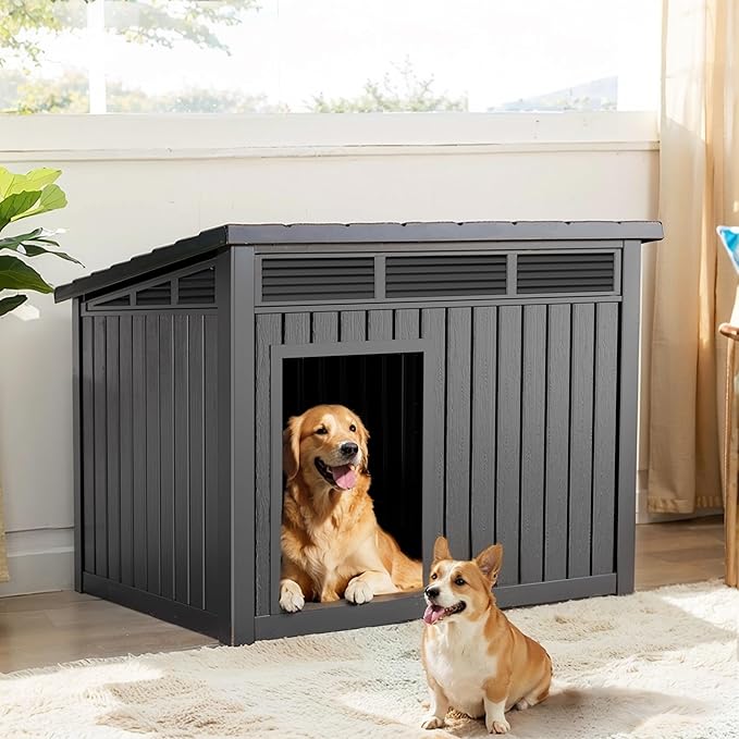 Dog House Indoor Outdoor,Resin Waterproof Puppy Shelter with Air Vents and Elevated Floor