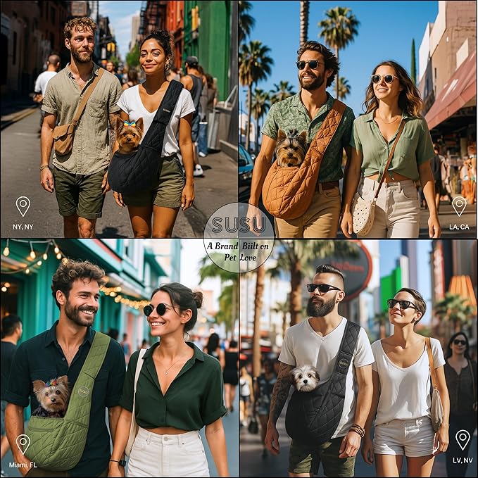 Small Dog Carrier Sling Bag – Hands-Free up to 10 lbs -10.5″ Deep Pouch, Dual Snap-Clip Closure + Drawcord, 4″ Padded Strap, Safety Tether, Zipper Pockets, Machine-Washable