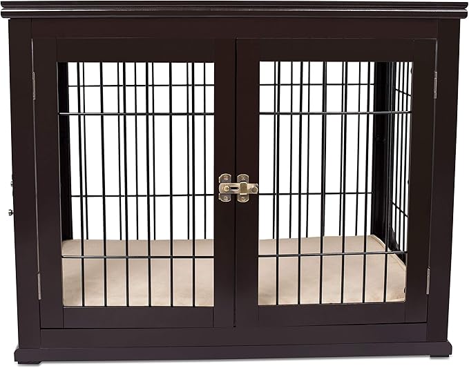 INTERNET'S BEST Decorative Dog Kennel with Pet Bed, Small Pet House, Double Door Indoor Crate, Engineered Wood & Wire Furniture, Side Table & Nightstand, Fits Small Dogs - Espresso