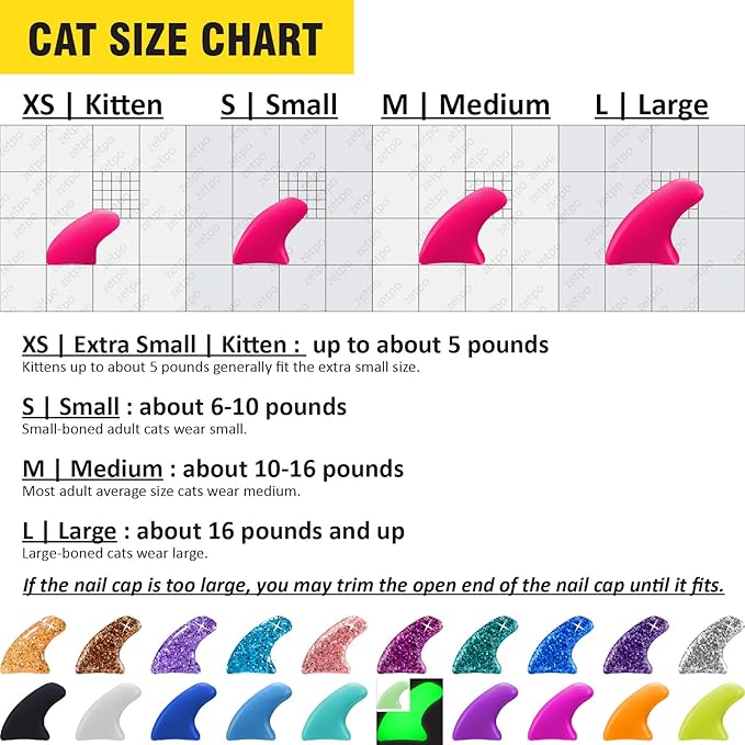 zetpo Cat Nail Caps | Cat Claw Covers | with Adhesives and Applicators (XS, 20x Colors | 200 pcs)