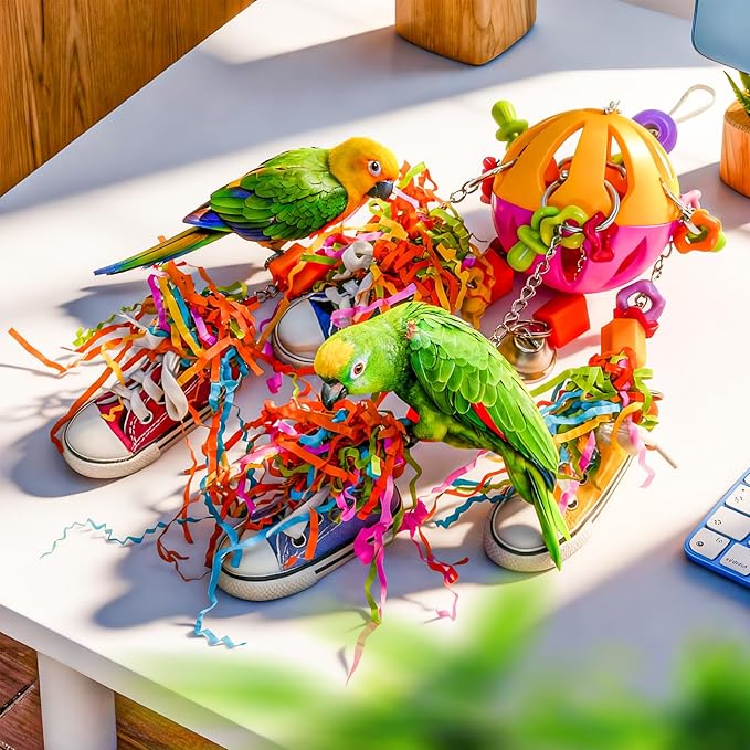 Bird Toys, Parrot Pullable Colorful Chew Sneakers Acrylic Stick Chew Toys for Amazons Mini Macaws African Greys Cockatoos Conures,Cockatiels, Lovebirds,Parrotlet,Eclectus (Pink and Yellow)