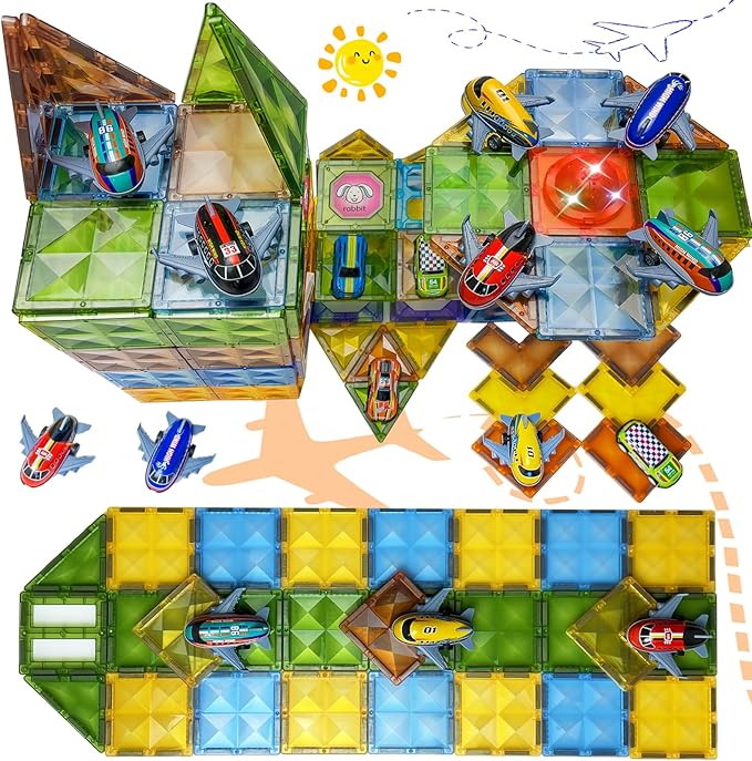 Magnetic Tiles Diamond Series with Lights 4 Pull-Back Metal Cars&7 Airplanes Magnet Tiles Building Block Toy for Kids Educational Construction STEM Toy, Great Gift for Kids Aged 3-8