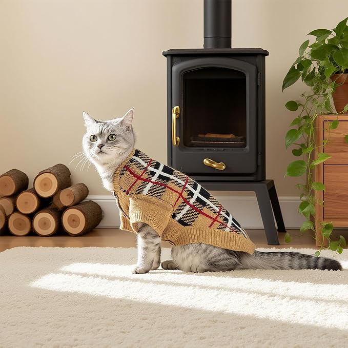 EXPAWLORER Cat Sweater Cardigan - Stylish Knit Cat Clothes, Plaid British Style Soft Puppy Sweater with Sleeve, Warm Pet Clothing Knitwear, Fall Winter Kitten Coat for Girl Boy Cats, Beige S