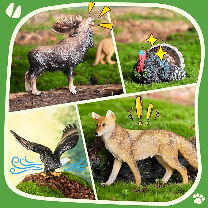 Toymany 14PCS Mini North American Forest Animals Figurines, Realistic Jungle Animal Toys Includes Elk Pronghorn Jaguar Gey Fox for Kids Adults Toddlers