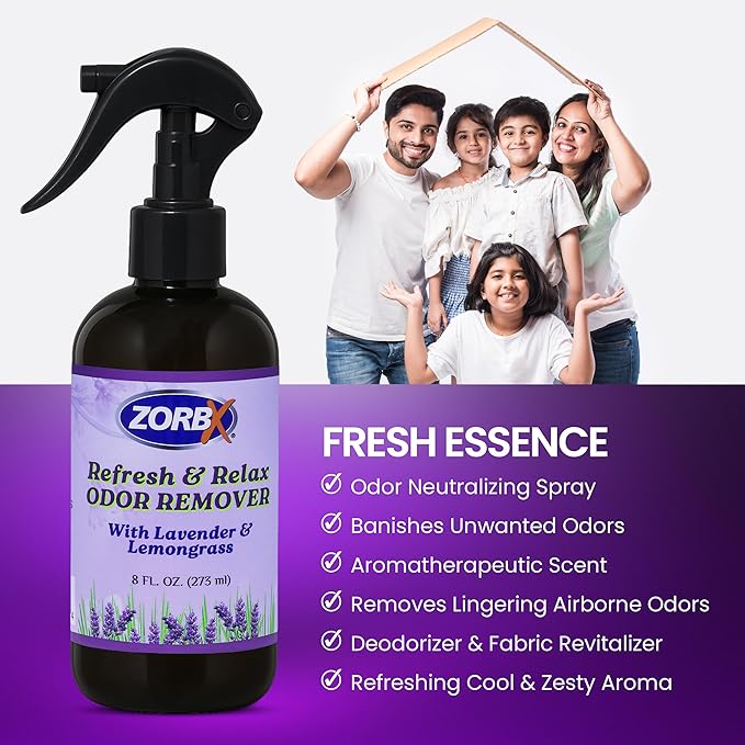 ZORBX Refresh & Relax Odor Remover Spray with Lavender & Lemongrass 8 Oz (Pack of 2) – Permanent Solution Room Freshener & Air Freshener Spray for Home, Bathroom, Furniture, Carpet, Car, Gym & Laundry