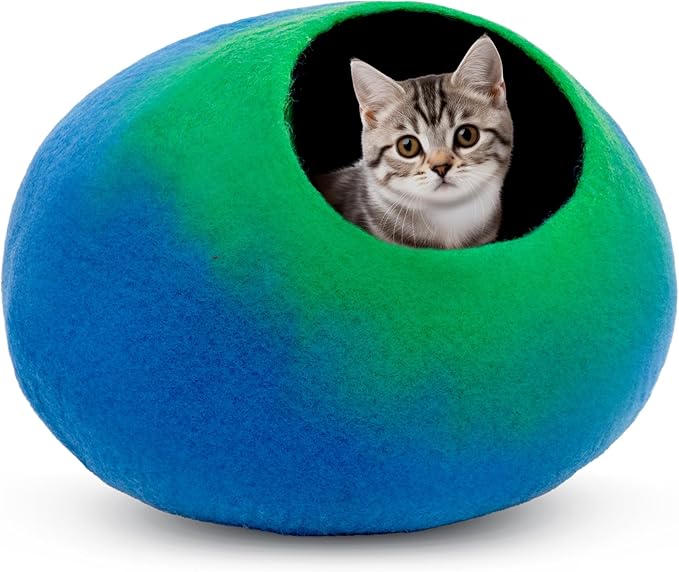 Woolygon Premium Felt Cat Cave Bed โ Wool Kitty Beds Handcrafted Kitten Caves Bed for Indoor Cats - Made from 100% Eco-Friendly Merino Wool, Foldable Cat Hidewawy Covered Cat Houses (Emerald Indigo)