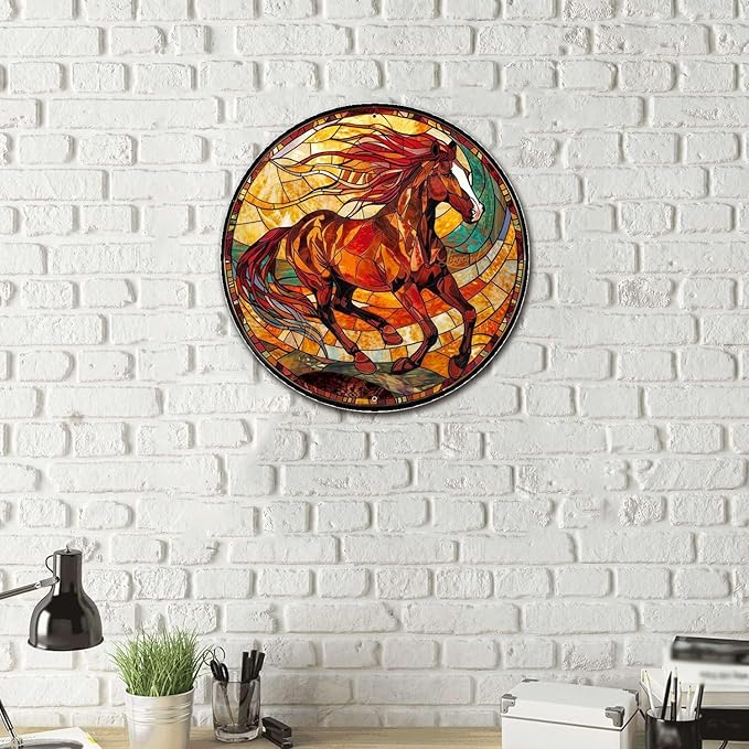 Lygond Metal Sign Tin Sign Circular Stained Glass American Mustang Garden Tin Sign for Gift 8×8 Inches