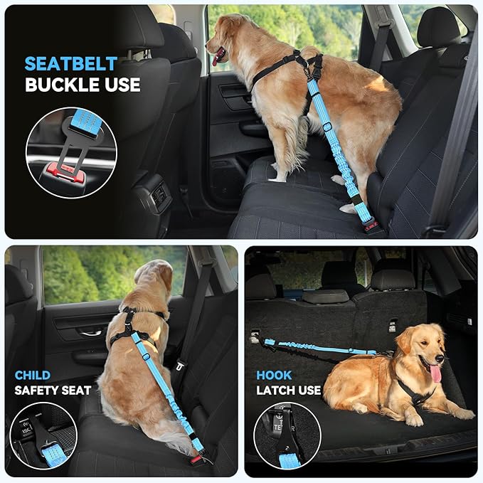 Pawaboo Dog Seatbelt for Car, 3-in-1 Dog Seat Belt Bungee, Shockproof Dogs Tether for Car with Buckle & Hook Latch, Adjustable Reflective Dogs Cars Harness Leash with 360° Lockable Buckle, Blue