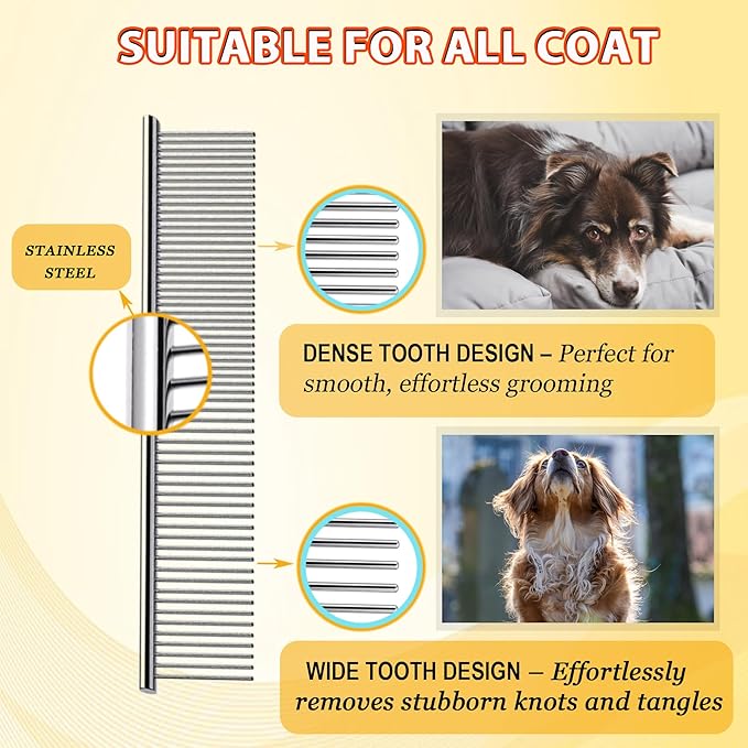 Dog Comb and Cat Combs Stainless Steel Teeth, Grooming Tool for Long & Short Hair, Dematting Comb for Dogs, Removes Tangles & Knots (Large Silver)