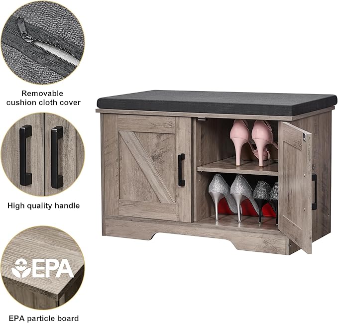 2-Tier Storage Bench, Shoe Bench with Padded Seat Cushion, Entryway Bench with 2 Barn Doors, Adjustable Shelf, 13.8" D x 27.6" W x 17.7" H, for Entryway, Living Room, Bedroom, Greige