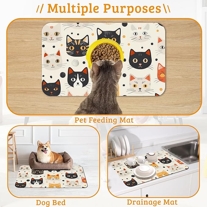 Cats Dog Cat Food Mat,Absorbent Waterproof Placemat for Food and Water Non Slip Rubber Backing Durable Feeding Pad for Clean Floors 12" x 20"