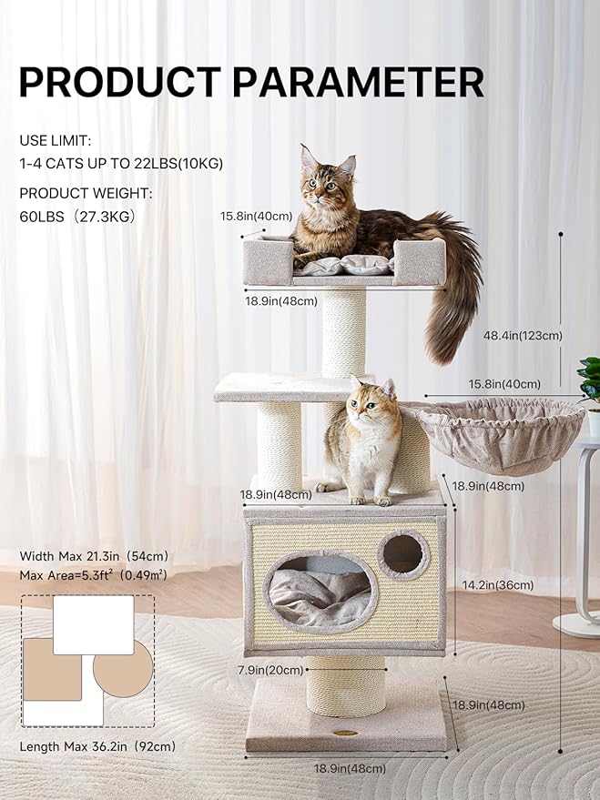 Maine Coon Cat Tree for Indoor Cats Large Adult,Modern Cat Tower for Extra Large Cats 20 lbs+,Heavy Duty Cat Tree with Sisal Scrathing Post,Hammock,Perch,Condo,Bed