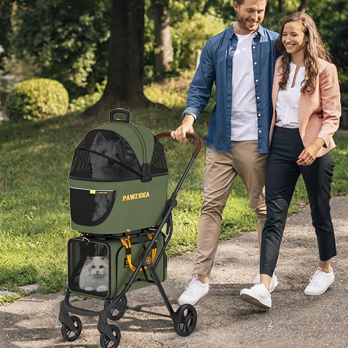 PAWZIDEA Double Pet Stroller with 2 Detachable Carriers, Portable Dog Crate for Car Travel & TSA-Approved Expandable Cat Carrier, Foldable Lightweight Jogger Stroller for 2–4 Cats or Small/Medium Dogs