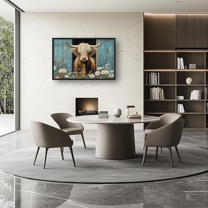 Large Farmhouse Highland Cow Country Wall Art for Living Room, Floral Canvas Oversized Wall Decor, Daisy Flower Animal Framed Pictures Painting Print Artwork for Bedroom Office 36"L x 24"W