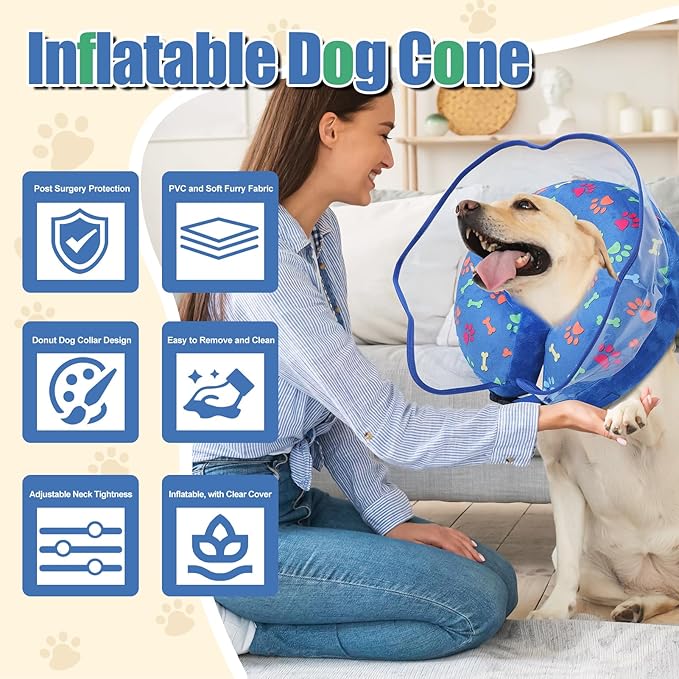 Inflatable Dog Cone Collar, Adjustable Size Soft PVC 2-in-1 Dog Donut Collar After Surgery with Detachable, Inflatable Collar for Small Medium Large Dogs and Cats (Blue, XL)