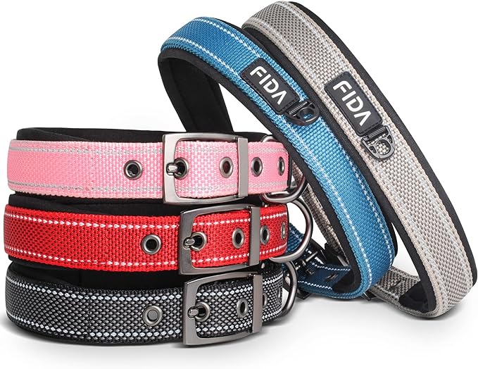 Fida Heavy Duty Dog Collar, Ultra Comfortable Soft Neoprene Padded, Adjustable Reflective Nylon Pet Collar with Durable Metal Belt Buckle for Large Breeds (L, Blue)