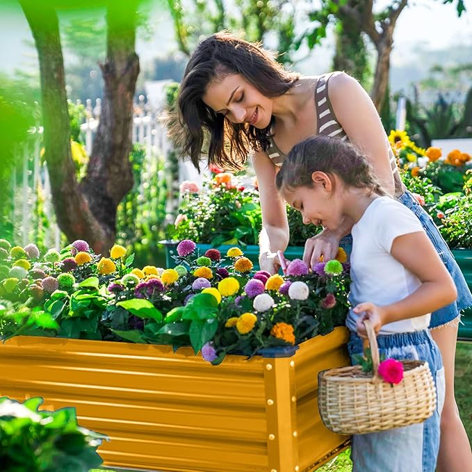 Land Guard Galvanized Raised Garden Bed with Legs, Galvanized Planter Raised Garden Boxes Outdoor, Oval Large Metal Raised Garden Beds for Vegetables(Yellow)………