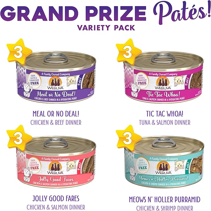 Weruva Wet Cat Food, Grand Prize Patés Variety Pack, 5.5oz Can, Pack of 12