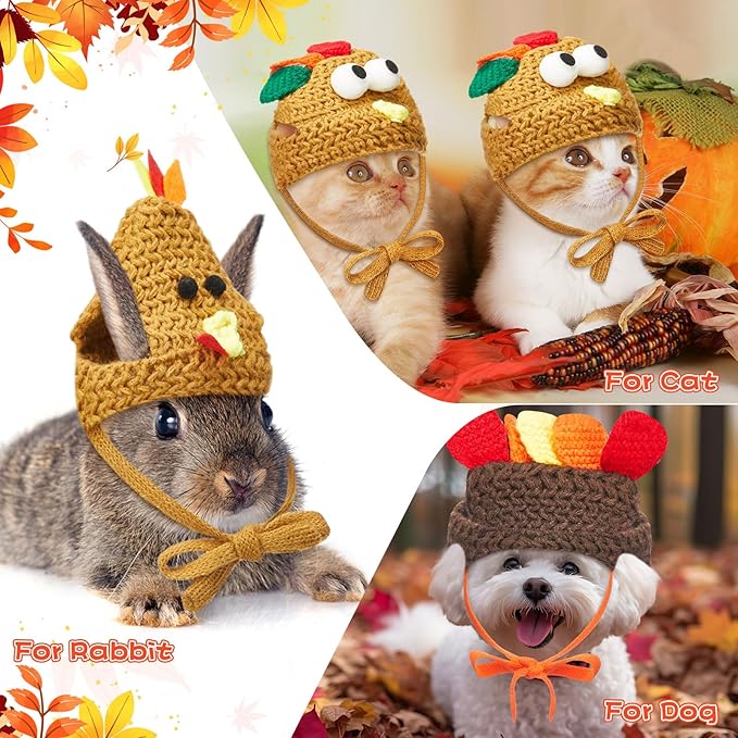 3 Pcs Knitted Turkey Cat Costumes Cat Dog Thanksgiving Turkey Hat Small Kitten Dog Pet Costumes Knitted Cap Thanksgiving Apparel Cosplay Accessory Headwear (Adorable)