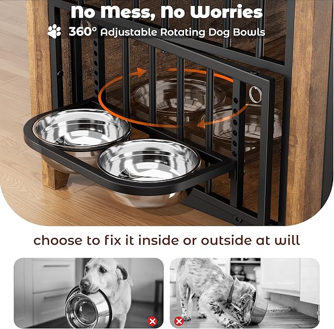 Lulive Wooden Dog Crate Furniture, Large Dog Kennel Indoor with 360°& Adjustable Raised Dog Bowls, Double Doors Furniture Dog Crates End Table for Large/Medium Dogs 37.8" L*23.6" W*27" H, Brown