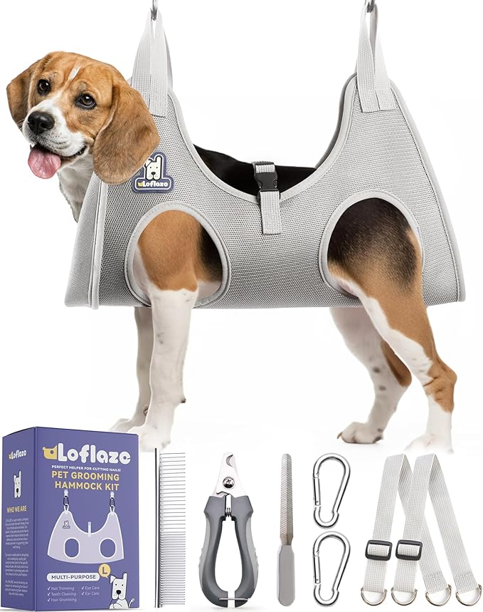 Dog Grooming Hammock Harness for Dogs & Cats with Pet Nail Clipper Trimmer - Cat Hanger Sling for Trimming Clipping Nails- Dog Hammock Restraint Bag for Small Medium Large pet ( Grey L )