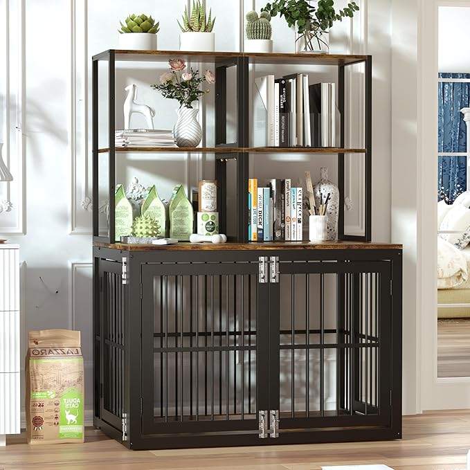 Dociote Heavy Duty Dog Crate Furniture with Storage Shelves,Large Dog Kennel Indoor End Table 39 Inch,Brown