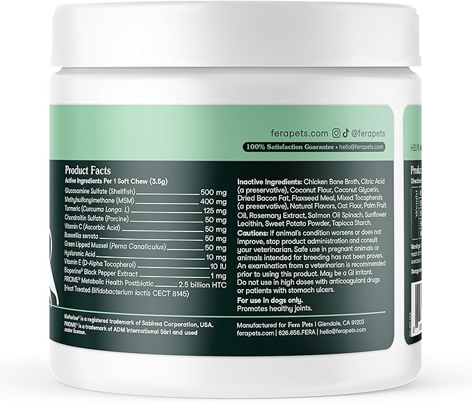 Fera Pets Hip & Joint Supplement for Dogs with Glucosamine, MSM, Chondroitin, & Green Lipped Mussel - Supports Healthy Joints and Weight Management - 30 Soft Chews