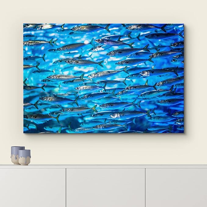 wall26 Canvas Print Wall Art Close Up Sardine School of Fish Underwater Nature Animals Photography Realism Rustic Scenic Landscape Wilderness Earth for Living Room, Bedroom, Office - 16"x24"