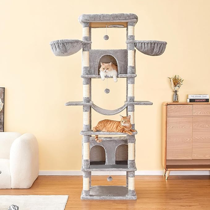 MWPO Extra Large Cat Tree, 77.6-Inch Tall Cat Tower for Indoor Cats with 2 Condos, Multi-Level Cat Stand for Large Cats, 3 Hammocks, Wide Perch, Scratching Posts, Dangling Toys, Light Grey