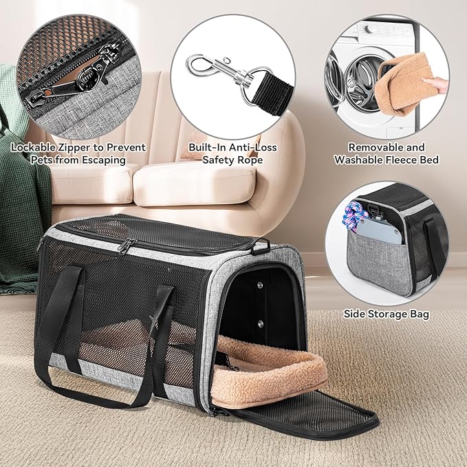 PETSFIT Soft-Sided Cat Carriers & Car Seats with Patent Safe Buckles, Clip-On Harness,18"x11"x11" Airline Approved Pet Carrier - 9 lbs Capacity,Grey