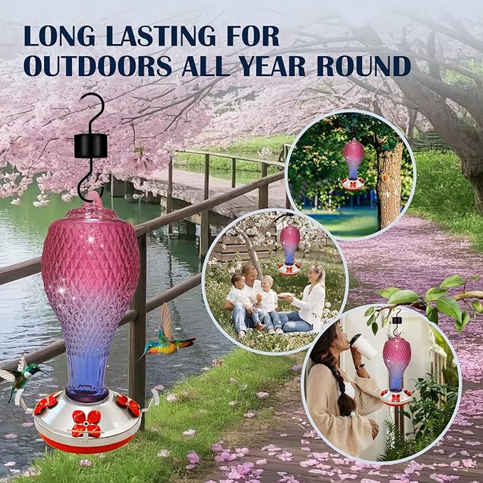 Hummingbird Feeder for Outdoors,17 OZ Glass Humming Bird Feeder for Garden,Backyard Decor,Four Flowers Feeding Ports,Leak Proof,Ant Moat Included,Humming Gifts for Women