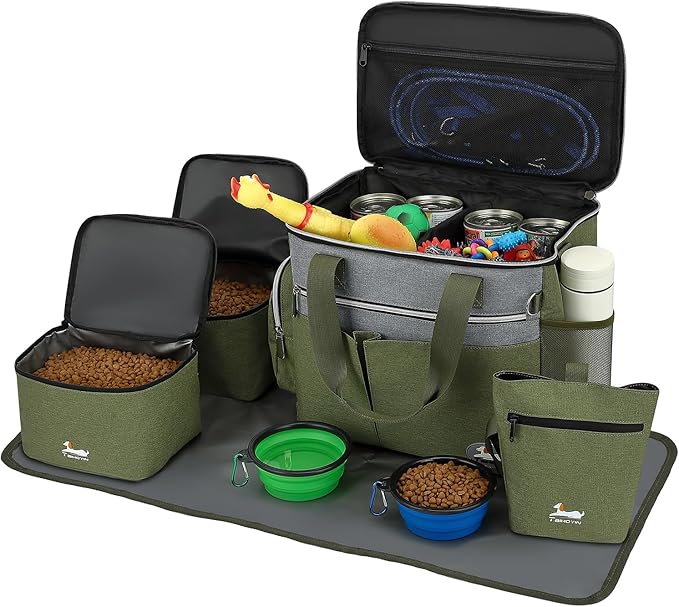 Dog Travel Bag for Pet Kit for Supplies with 2 Food Storage Containers 2 Collapsible Bowl 1 Feeding Mat 1 Dog Treat Pouch 7-Piece Set Perfect Road Trips Camping Weekend Doggy Gift Olive Green