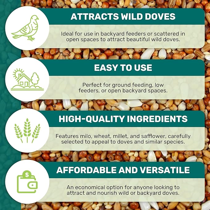 Dove Mix 25 Lbs, Dove Food, Premium Dove Bird Seed, Nut Free Mix Feed for Dove, Nutrient-Rich Mixed Birdseeds, Supports Daily Energy Growth & Healthy Balanced Diet, Bird Seed for Outside Feeders