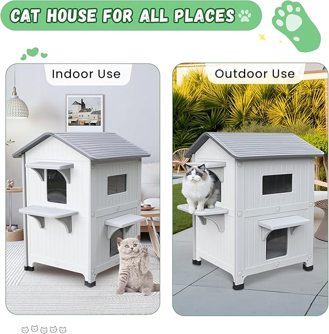 Plastic Outdoor Cat House with Escape Door, Waterproof 2 Story Outdoor Houses for Feral Cats Outside Cat Shelter, Spacious, Clean and Assemble Easily