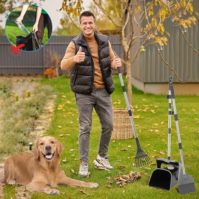 Pooper Scooper Large Swivel Bin & Rake & Spade with 20 Waste Bags and 1 Hook, 39.3" Long Handle Metal Dog Pooper Scooper for Yard, Easy to Clean Pet Waste Use on Grass, Dirt, Gravel or Flats